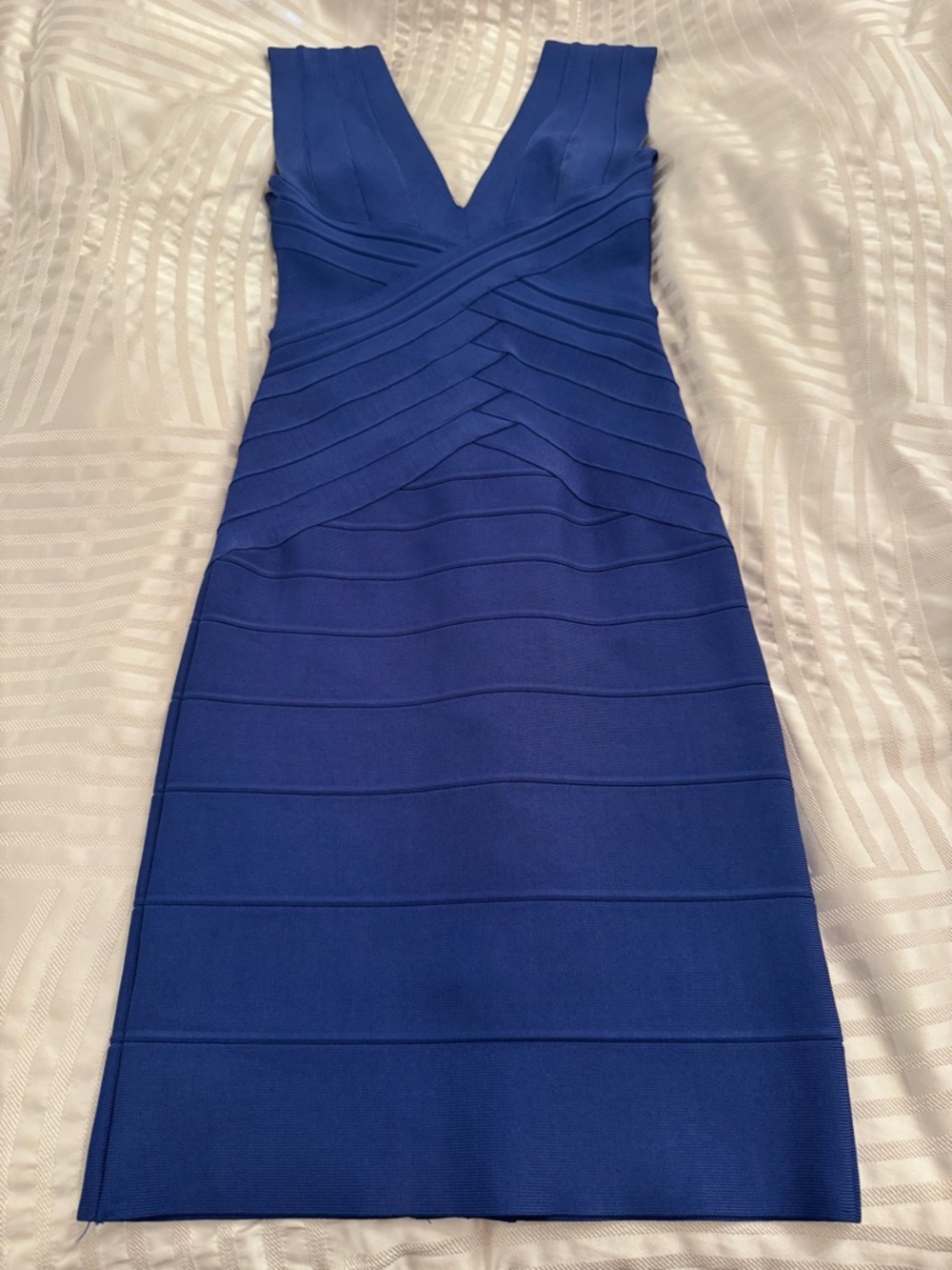 Herve Leger Cobalt Blue V-Neck Bandage Midi Dress Size Small
